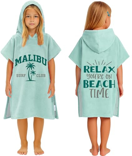 CalmyBEACH Badeponcho Kinder Poncho Handtuch - Mädchen Jungen Surf Frottee Bademantel Badetuch Baumwolle Strandponcho Surfponcho Kapuzenhandtuch 4-7 Jahre Malibu Mint