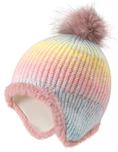 MASOCIO Wintermütze Kinder Mädchen Mütze Winter Warme Strickmütze Kleinkind Beanie Kindermützen Winterhaube Bommelmütze Ohren Ohrenklappen 4 5 6 7 8 9 Gefütterte Fleece Bommel 3-10 Jahre Mehrfarbig