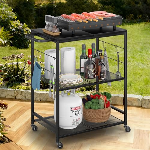 DAOUTIME Grillwagen für den Außenbereich, mit 4 Rollen, Seitengriff, Haken, Pizzaofentisch für draußen, Terrasse, Garten, Grill, Küche, Lebensmittelzubereitung, Rolltisch (schwarz)