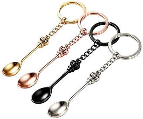 4 PCS Mini Spoon Keyring Set, Tiny Crown Spoon Keychain, Small Metal Spoon Pendant Charm for Keys, Backpack or Handbag, Cute Keyring Accessory, Party Favours, Novelty Gifts for Women, Men and Friends