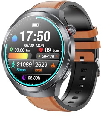 Jectse Reloj Inteligente para Hombres y Mujeres, Reloj Deportivo con Pantalla Grande de 1,73 Pulgadas IP68 Resistente Al Agua, Monitor de Sueño, Pago NFC, Duración de la Batería (Correa de Cuero