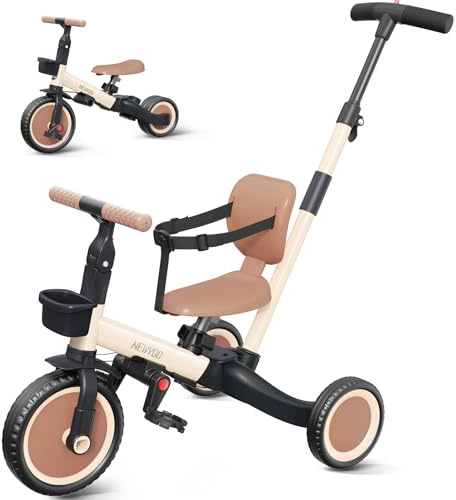 newyoo Dreirad für Kleinkinder von 1-3 Jahren, Kinderfahrrad für Jungen und Mädchen, Kleinkind-Trike mit Schiebegriff für Eltern, Dreirad mit Rückenlehne & Sicherheitsgurt, Khaki, TR007