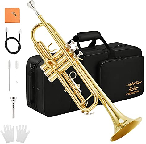 Eastar Bb Standard Trumpet Set for Beginner, Brass Student Trumpet Instrument with Hard Case, Cleaning Kit, 7C Mouthpiece and Gloves, ETR-380, Golden