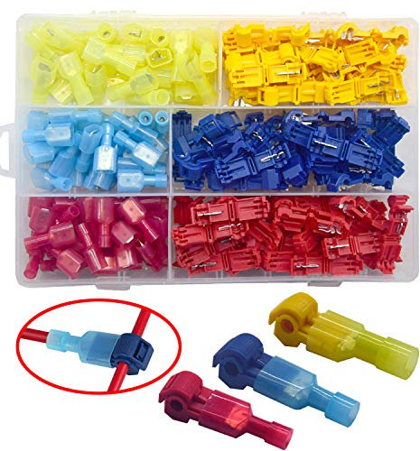 Yosawo 200-Pieces T-Tap Connectors Terminals Wire Splice Connectors，Quick Splice Electrical Connectors Self-Stripping and Nylon Fully Insulated Male Spade Disconnects Kit