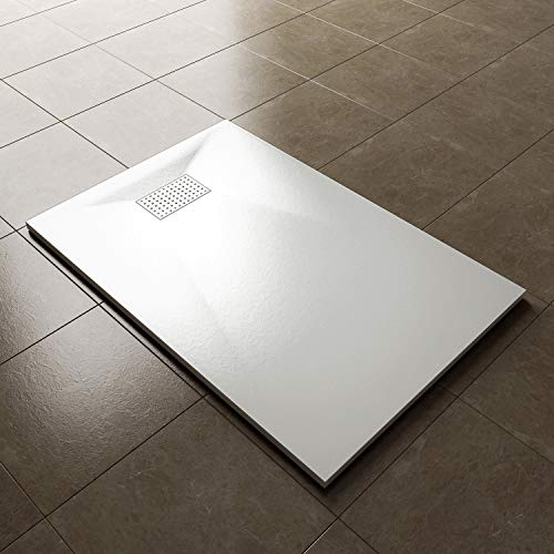 ELEGANT 1200 x 800mm Slip-Resistance Shower Base Slate Effect Square Shower Enclosure Tray with Waste and Drain Cover Grate