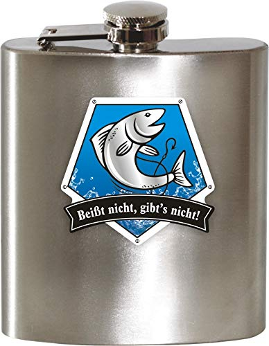 Flachmann aus Edelstahl - Beißt nicht, gibts nicht gebürstet 3D Etikett Doming rostfrei 7 oz. 200 ml für verschiedene Anlässe Whisky Liebhaber | Geschenk für Angler Anglergeschenk