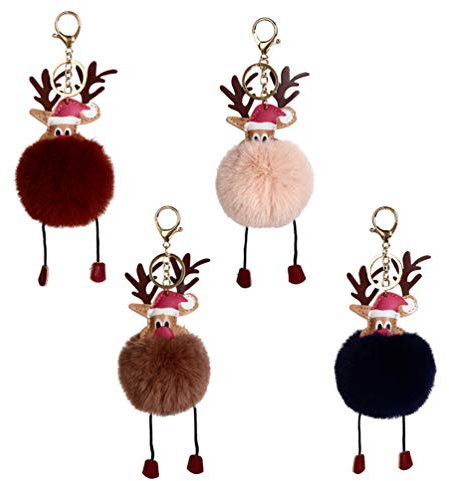 NUOBESTY Weihnachten flauschigen Ball Schlüsselbund Elch Kunstpelz Schlüsselanhänger Pompon Schlüsselanhänger Tasche hängenden Anhänger für Frauen Mädchen 4-tlg