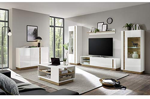 Lomadox Wohnwand-Set mit Sideboard & Couchtisch in weiß Glanz mit Grandson Oak Eiche Nb., B/H/T: 340/194/40cm
