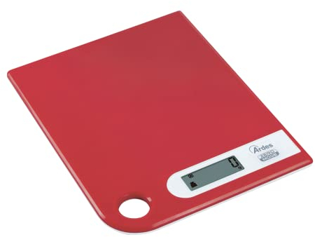 ARDES AR1PA1/R Báscula de Cocina Digital Roja Super Fina de ahorro de espacio Fácil de colgar Báscula Pesa Alimentos Electrónica Pantalla LCD
