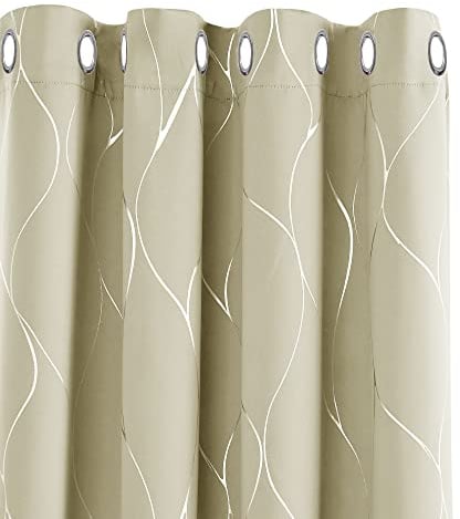Deconovo Blackout Curtains, Eyelet Curtains, Thermal Insulated Silver Wave Line Foil Printed for Living room, 66 x 90 Inch(Width x Length), Beige, 1 Pair