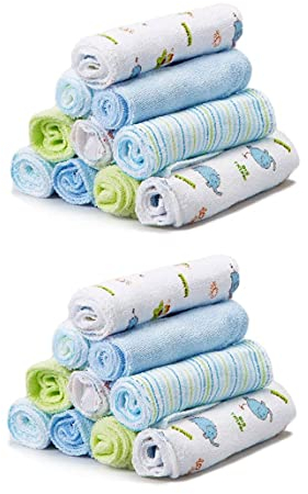 Spasilk Waschlappen Wischtücher Set für Neugeborene Jungen und Mädchen Weiche Frottee Waschlappen Set 20 Stück Blau Elefant