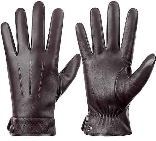 Dsane Winter Echtes Schafsleder Handschuhe für Männer, Warm Touchscreen Texting Kaschmir gefüttert Autofahren Motorrad Handschuhe (Braun, S)