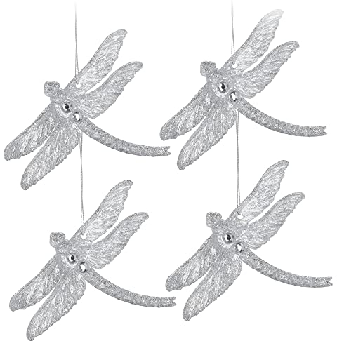 COM-FOUR® 4X Christbaumschmuck im Libellen-Design- Weihnachtsdeko in festlichen Farben - Glitzernde Anhänger für das Weihnachtsfest (silberfarben - Libelle)