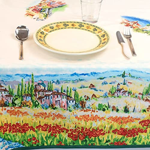 Manifattura Tessile Tischdecke mit Aquarell-Design, Reiner Baumwolle, Italienischer Fantasy-Druck - Landschaft, Runde x6 140