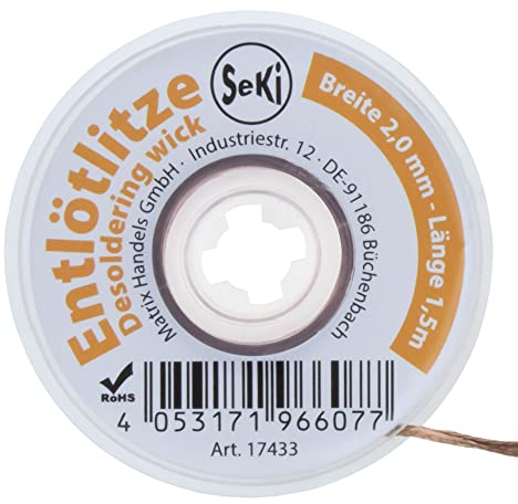 SeKi Entlötsauglitze 2,0mm - zur Entfernung von Lötzinn 1,5 Meter Lang; Hohe Saugleistung; Entlötzlitze; Sauglitze