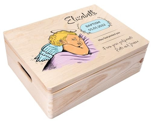 Creative Deco Personalisiert zur Taufe Geschenk für Mädchen und Junge - Engel Motiv Deko | Holzkiste Erinnerungsbox | Individuelle Geschenk Spielzeugkiste Holzbox mit Deckel | Spardose