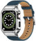 SUPLINK Custodia in metallo con cinturino in pelle compatibile con Apple Watch Series SE 9/8/7, adatta a 45 mm, robusta copertura protettiva paraurti per iWatch da uomo (blu/argento, 45 mm)