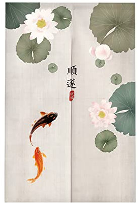 Surwin Style Chinois Rideau de Porte Japonais Long Tapisserie Noren en Lin Fenêtre Rideaux Panneau Tenture Tapisserie Décoration pour Cuisine Chambre Décoration de Maison (90x150cm,Feuille Lotus)