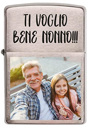 Accendino Modello Zippo a Benzina - Personalizzato con Stampa Incisione di Foto, Immagine, Testo, Logo, iniziali, Nomi. Gadget Idea Regalo Originale per Natale per Lui e lei, fidanzati (Argento)