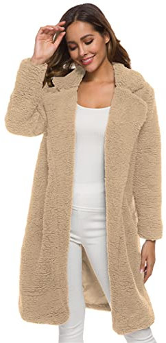 OMZIN Damen Revers Parka Faux Mantel Wollmantel Mantel Plüschjacke Plüschmantel Teddy Fleece Jacke Lang Cardigan Outwear Coat Übergangsjack Beige L