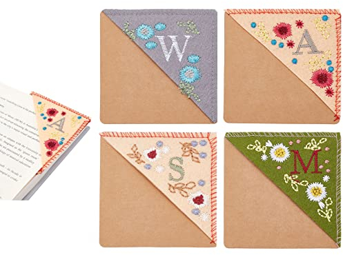 WEBEEDY 4 Stück Handgesticktes Eck Lesezeichen Personalisierte Filz Dreieck Lesezeichen Handgesticktes Blumen Buchstaben Stickerei Lesezeichen Seitenecke Lesezeichen für Buchliebhaber Studenten