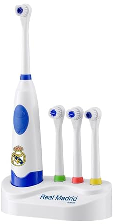 Real Madrid- Cepillo de dientes, Aseo, Higiene bucal, Cepillo vibratorio, Funciona con pilas, Color blanco, Producto Oficial (CyP Brands)