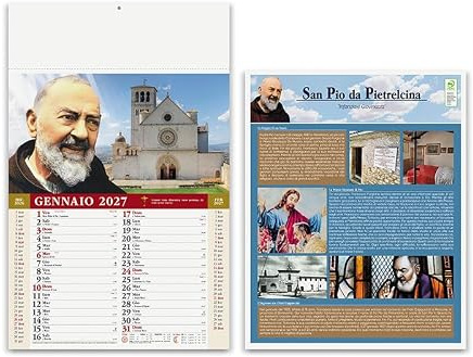 Illustrierter Wandkalender 2024 Vater PIO San Pio Monatlich 12 Blatt auf der Vorderseite beschichtetes Papier Heilige und Mond Niederländisch