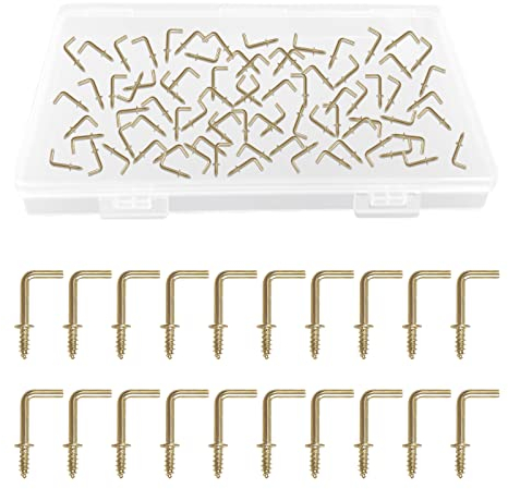 UFURMATE Ganci a vite, 100 ganci placcati in rame a forma di L con spalle e ganci ad angolo retto, ganci autofilettanti per interni ed esterni (oro)