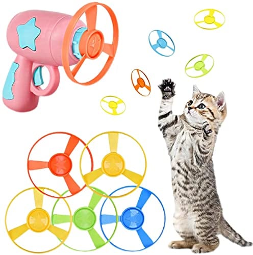 Breezy Katzenspielzeug für Indoor-Katzen, 1 PCS Spinning Launchers mit 5 PCS Flying Disc Spielzeug für Katzen & Kinder, interaktives Katzenspielzeug, BPA frei Katze jagen Spielzeug