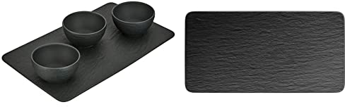 Villeroy & Boch - Manufacture Rock Set Dipschälchen 4tlg. & Manufacture Rock Servierplatte rechteckig, formschöne Präsentationsplatte aus Premium Porzellan, spülmaschinenfest, schwarz