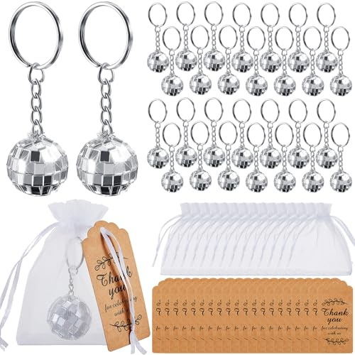 Henoyso 90 Packungen Discokugel-Schlüsselanhänger mit Organza-Beuteln und Dankeschön-Etiketten, Disco-Partygeschenke, Mini-Discokugel-Dekorationen, Großpackung für 70er 80er Jahre Disco-Thema,
