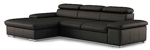 CAVADORE Echtleder-Schlafcouch Valerie mit XL-Longchair / Ecksofa mit Bettfunktion, Kopfteilverstellung + großem Longchair / 286 x 73 x 174 / Leder Dunkelbraun