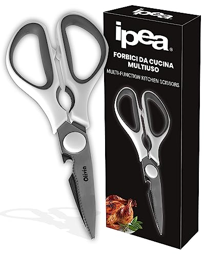 IPEA Forbici da Cucina Multiuso per Taglio Pollo, Carne, Pesce, Verdura - Forbici Multifunzione in Acciaio per Tagliare Pizza e Alimenti - Dotate di Apribottiglie, Cavatappi e Schiaccianoci
