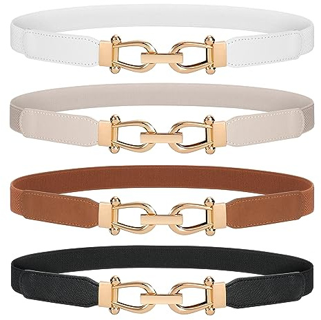 WERFORU Women Skinny Belt for Dresses Retro Stretch Waist Belt with Gold Buckle Set of 4,Black+Brown+White+Beige