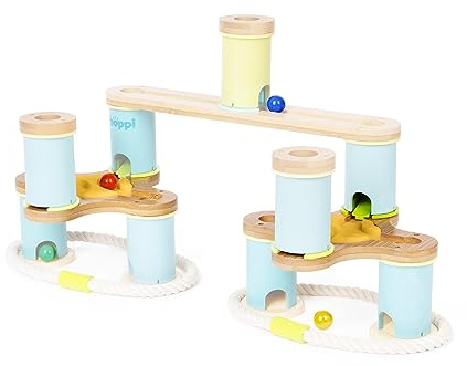boppi Holz-Kugelbahn-Drehscheibe-Erweiterungspaket – Kugelbahn-Erweiterungsset mit Drehschienen-Brückenzubehör – Bambuskonstruktion, Spielzeug für Kinder ab 3 Jahren, mit 6 Glasmurmeln