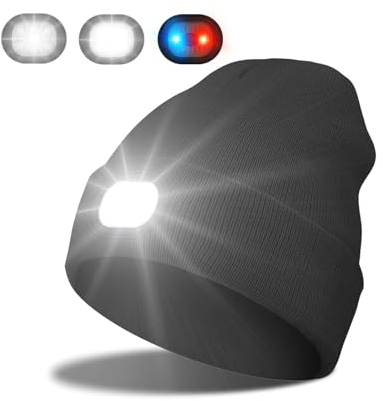 INHDBOX LED Mütze Kappe, Strickmütze mit USB Nachladbare Licht, Beleuchtung und blinkende Warnungs-Arten 6 LED, einfache Installation Vorne Hinten Scheinwerfer-Mütze, Unisex-Winterwärmer-Strickkappe