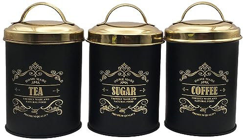 Set of 3 Tea Coffee Sugar Canisters, Antique Look Rust Resistant, Powder Coated Ideal for Kitchen Storage Coffee Granules, Tea Leaves & Bags & Sugar Cubes