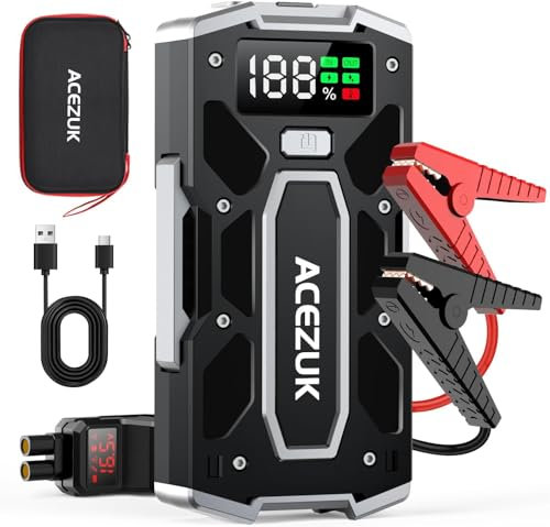 ACEZUK Booster Batterie Voiture 6000A, Démarreur de Batterie de Voiture Portable(Jusqu'à 8.0L Diesel ou 10.0L Gaz), 12V Jump Starter, Pinces Intelligentes avec Écran, Lumière LED, Port de QC3.0