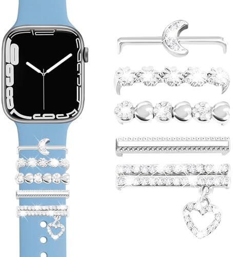 JR.DM 5 Stück Watch Armband Charms mit Glitzernden Ringschlaufen, Kompatibel mit Apple Watch 40 mm 38 mm 41 mm 42 mm 44 mm 45 mm 46mm Metall Dekorative Schmuck für iWatch-Series 10 9 8 7 6 5 4 3 2 1
