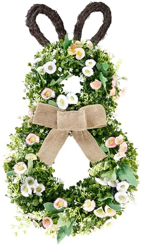 Sggvecsy 24 Inch Easter Bunny Wreath Spring Bunny Shaped Artificial Flower with Greenery Colorful Daisies Bow Knot for Front Door Summer Farmhouse Holiday Wall Home Window Decor
