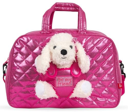PERLETTI Borsa da Viaggio Bambina con Barboncino Peluche Estraibile - Borsone Bimba Bimbo Morbido Rosa con Tracolla - Borsa Sport con Pupazzo Regalo Bambino 3 4 5 6 Anni - Dimensioni 27x41,5x21cm