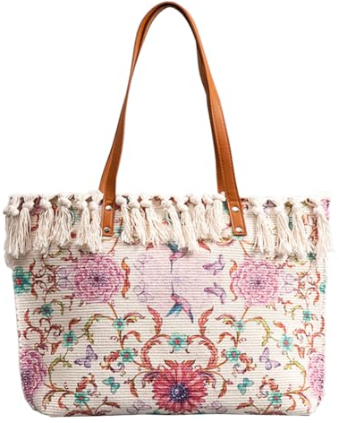 OuLi Store Handtasche Damen Canvas Ethnischer Stil Schultertasche Böhmische Tote Beutel Sommer Strand Tasche Bunte Gestrickte Tasche Quasten Henkeltaschen für Reise Urlaub (Color 1)