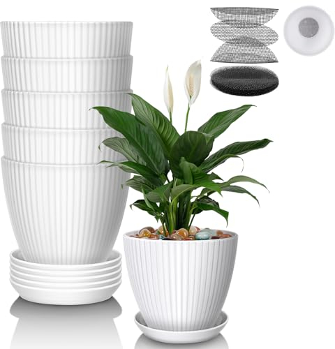 IHKFEILAN 15 cm Plant Pots Indoor, 6 Pack Plastic Plant Pots, with 10 Pack Flower Planter Mesh Pad, Indoor Outdoor Flower Planter with Drainage Hole and Saucer for All House Plants (White)
