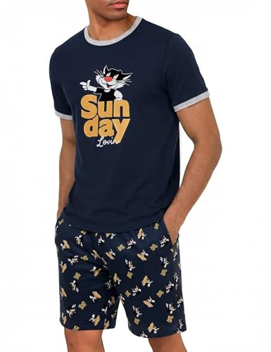 Demegimi Pyjama Court Homme Été Coton Décontracté Ensemble de Pyjamas pour Hommes Ete Pyjamas D'été pour Hommes Pyjamas à Manches Courtes Impression de Motif Mignon(Bleu Marine,M)