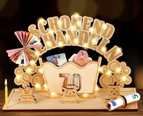 Giftota Witzige 70. Geburtstag Geldgeschenke Holz mit LED Lichterkette - Schonend Behandeln 70 - Geschenk 70 Geburtstag Mann Frau, 70 Geburtstag Deko