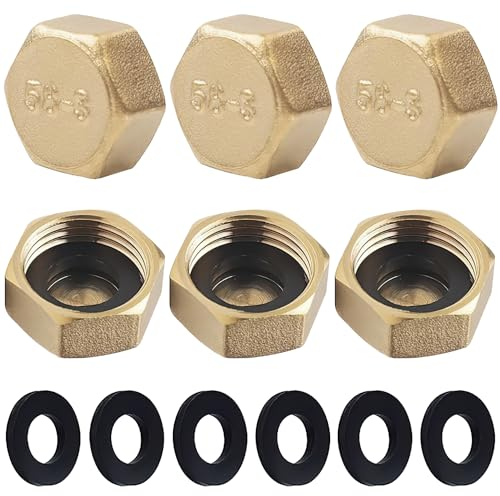 6PCS 1/2 Inch Brass Radiator Valve Caps (Female Thread) - Radiator Valve & Pipe End Caps with 6 Sealing Washers for Washing Machine Hoses, Decorative Pipe Isolation & Plumbing Protection