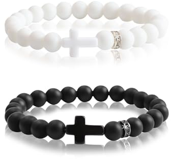 WANDIC 2 Stück Kreuz Armband, Elastisches Perlenarmband Natural Stone Bracelet Matte Armbänder für Damen & Herren (Schwarz & Weiß), – Christlicher Schmuck, Kommunion, Firmung, Jesus, Schmuckgeschenke