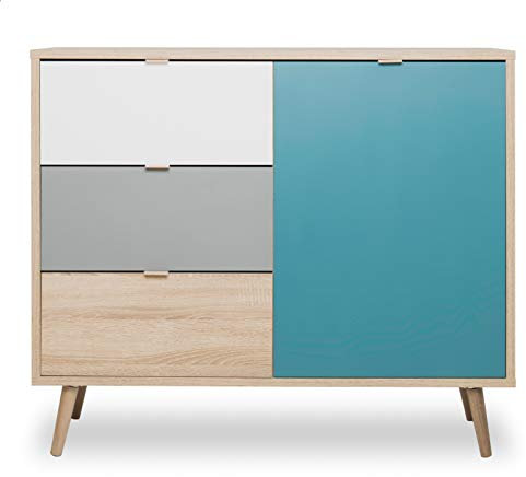 Kommode in Eiche Sonoma hell mit Weiß, Grau und Grüm, Sideboard skandinavisches Design, Anrichte Tricolor 103 x 87 cm Colory (103 cm)