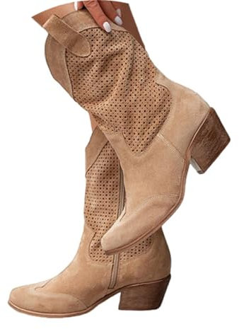 Agiyenna Stivali a Punta da Donna Stivali da Cowboy Bassi Stile Western Stivaletti in Pelle Scamosciata Classici Stivaletti Lisci Traforati per il Tempo Libero Autunno Inverno Stivali Lunghi Eleganti
