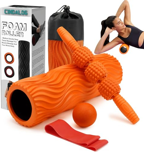 Kit de rouleau en mousse 5 en 1, rouleau texturé haute densité, rouleau de massage, balle de massage, bandes d'exercice pour massage musculaire profond, pilates, yoga, exercices de fitness pour
